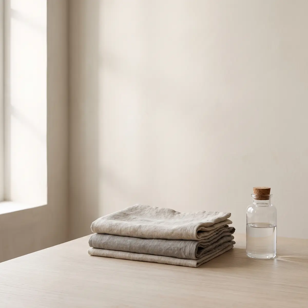 Folded linen cloths and a glass bottle of water on an oak surface