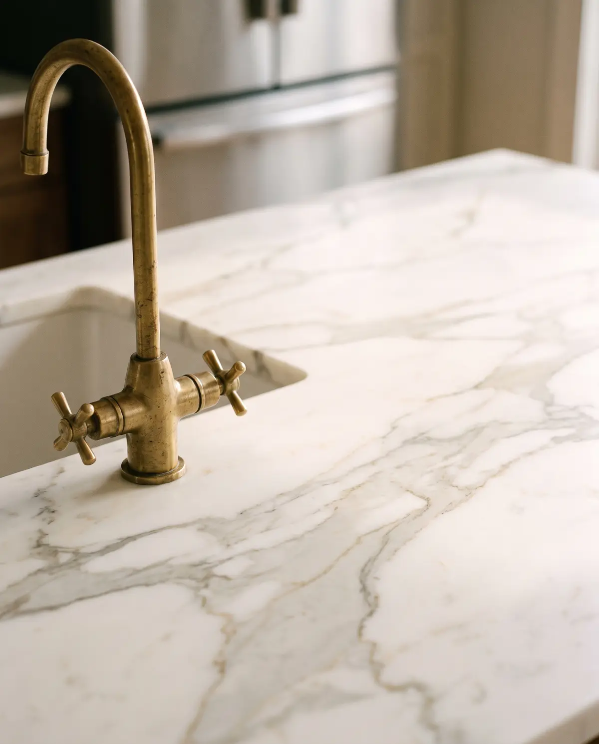 Close detail of a honed Calacatta marble counter with an unlacquered brass faucet